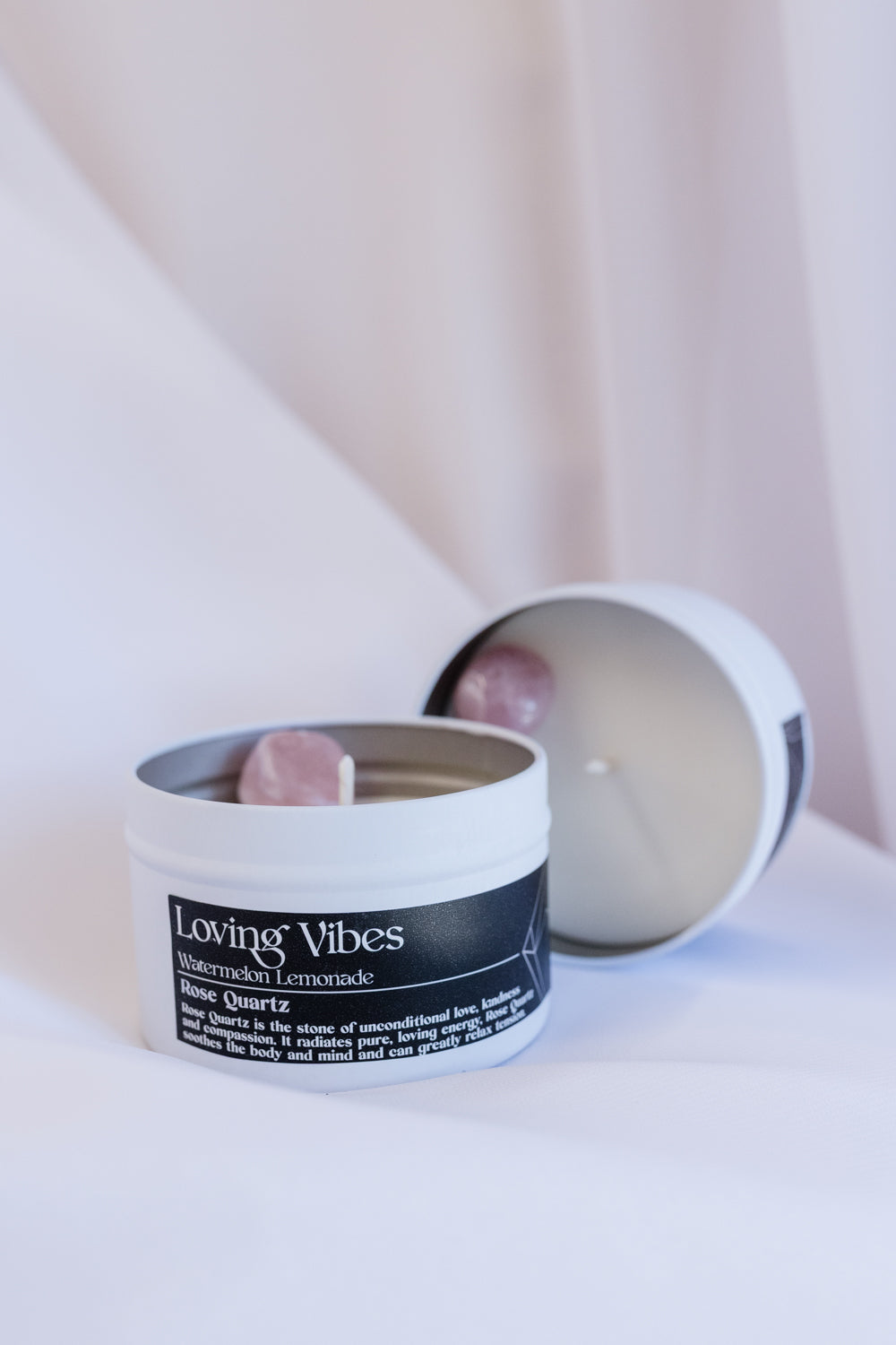 Loving Vibes Crystal Candle - Watermelon Lemonade Scented Coco-Soy Candle with Rose Quartz Crystal