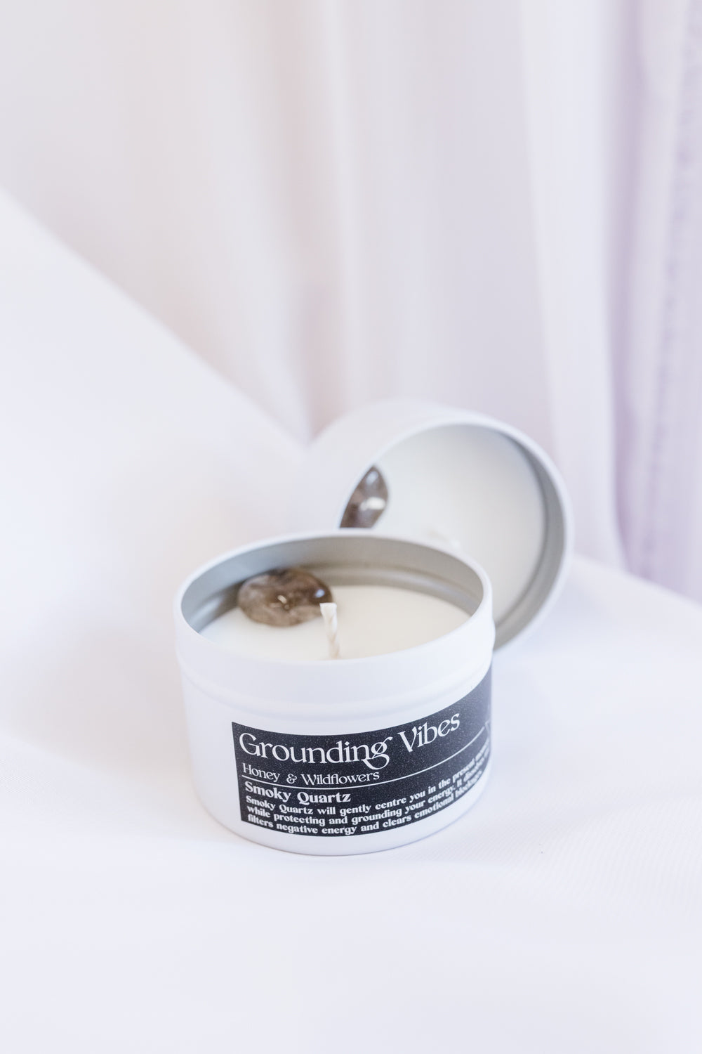 Grounding Vibes Crystal Candle - Honey & Wildflowers Scented Coco-Soy Candle with Smoky Quartz Crystal