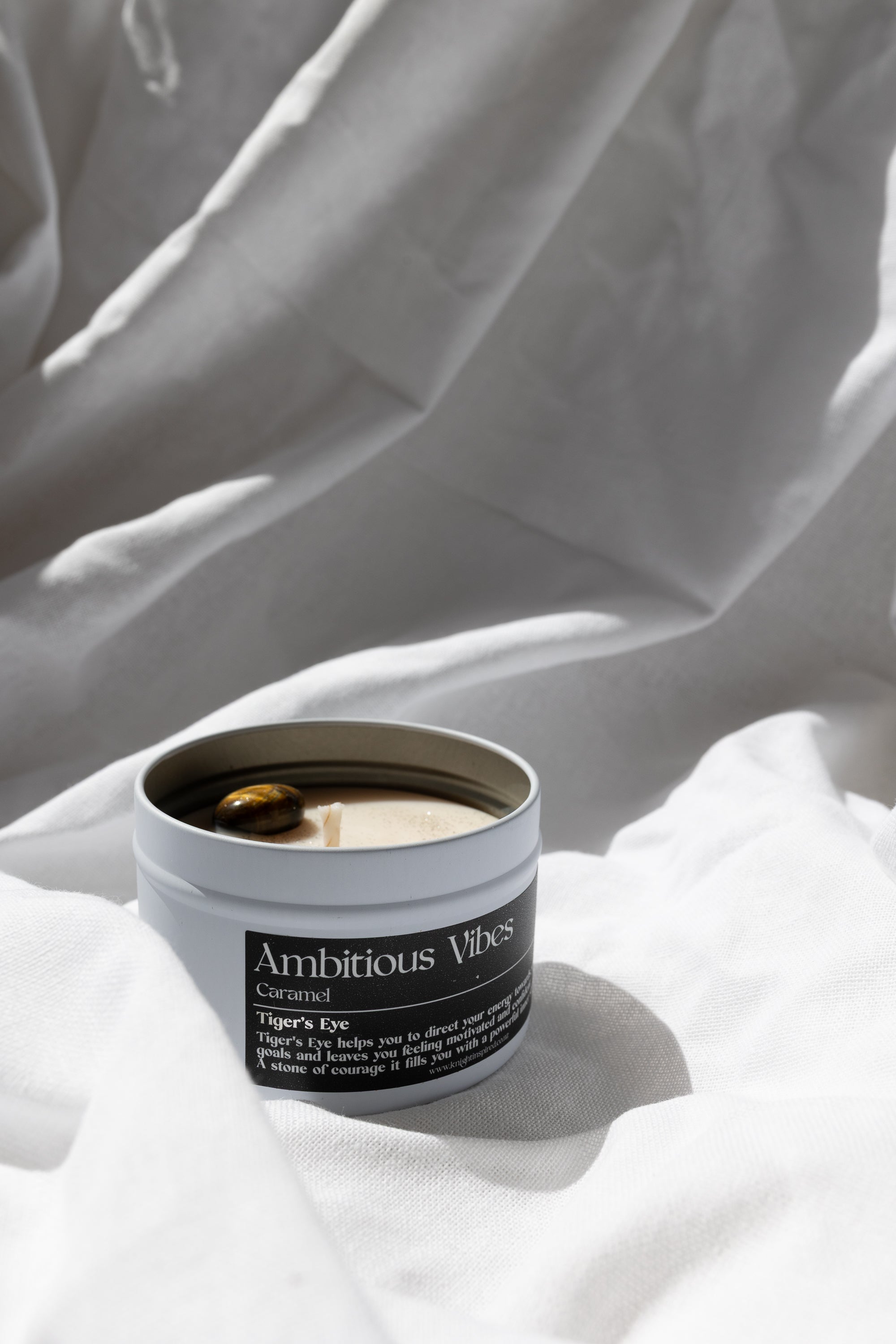 Ambitious Vibes Crystal Candle - Caramel Scented Coco-Soy Candle with Tigers Eye Crystal