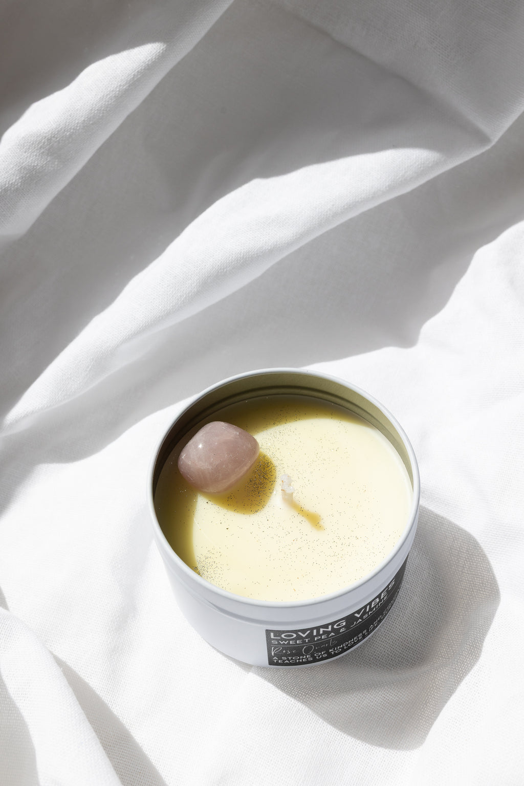Loving Vibes Crystal Candle - Sweet Pea & Jasmine Scented Coco-Soy Candle with Rose Quartz Crystal