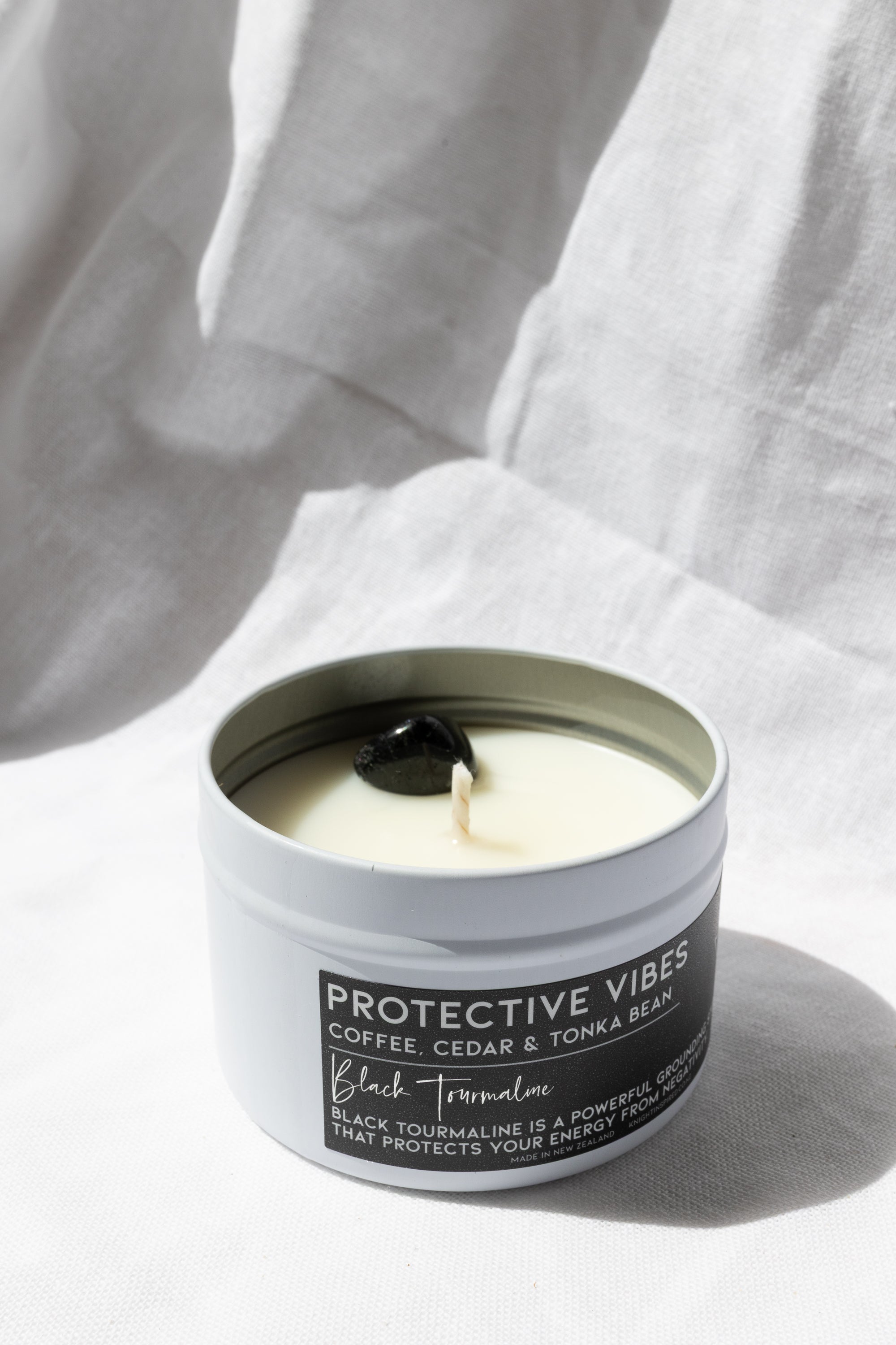 Protective Vibes Crystal Candle - Coffee Scented Coco-Soy Candle with Black Tourmaline Crystal